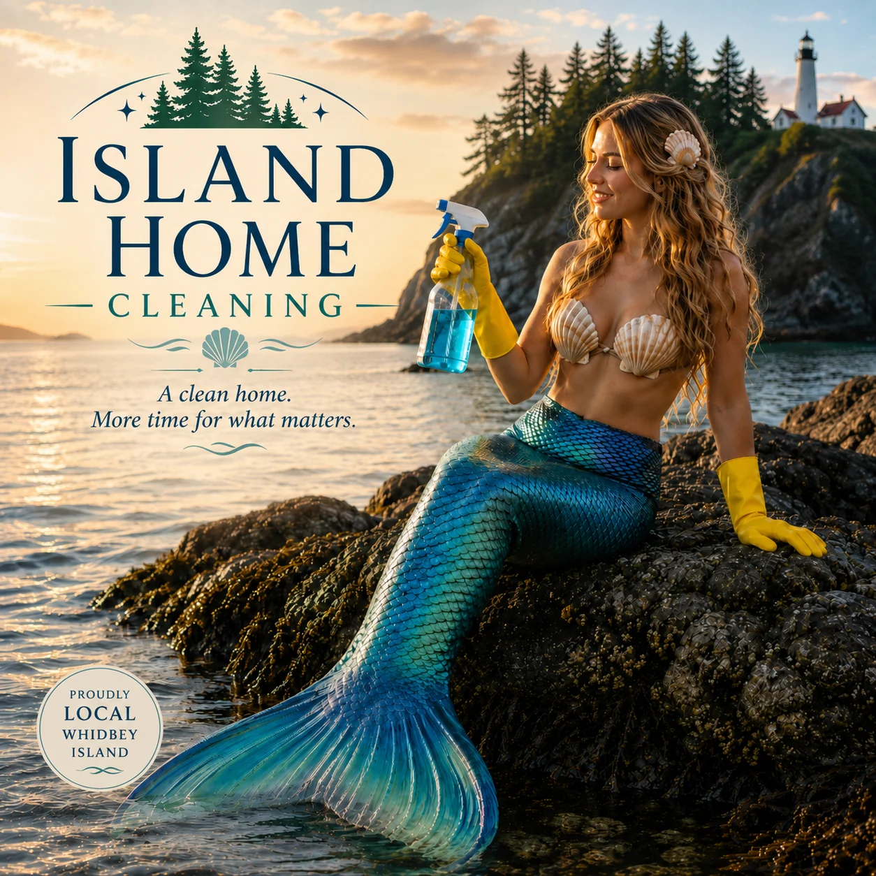 Island Home Cleaning official artwork: a mermaid cleaner on the Whidbey Island shoreline beside the business logo